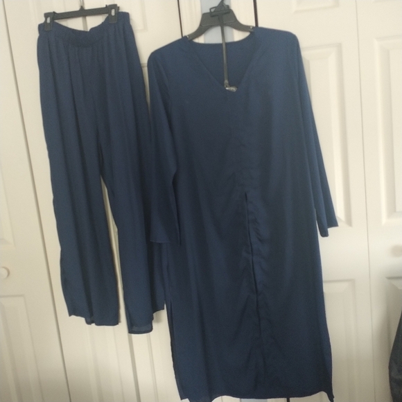 Amazon Orska Two Piece Navy Wide Leg Pants Suit Long Top 2XL - Picture 9 of 11